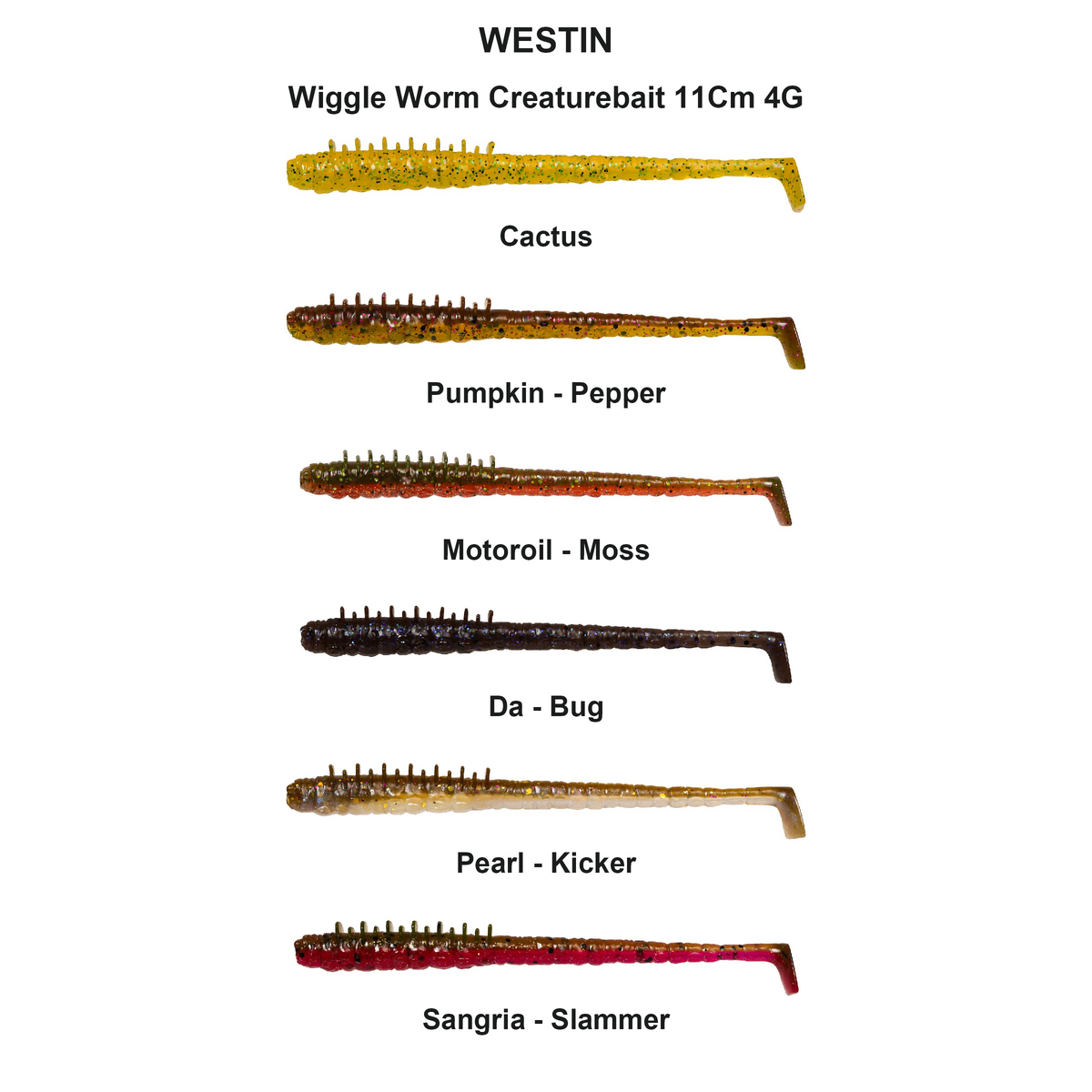 Farveoversigt – Wiggle Worm Creaturebait 11Cm 4G
