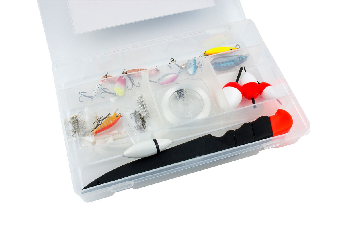 Abu Garcia-Angelbox für Put-and-Take-Gewässer mit einer Auswahl an Angelausrüstung.