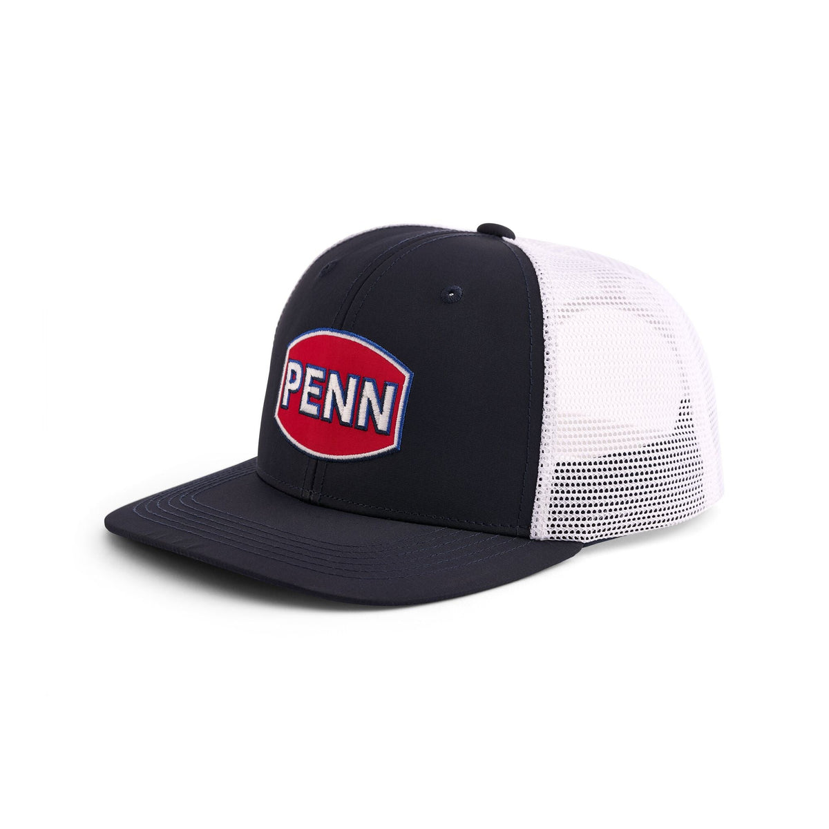 PENN Performance Trucker Cap in Marineblau und Weiß, von schräg vorne gesehen.