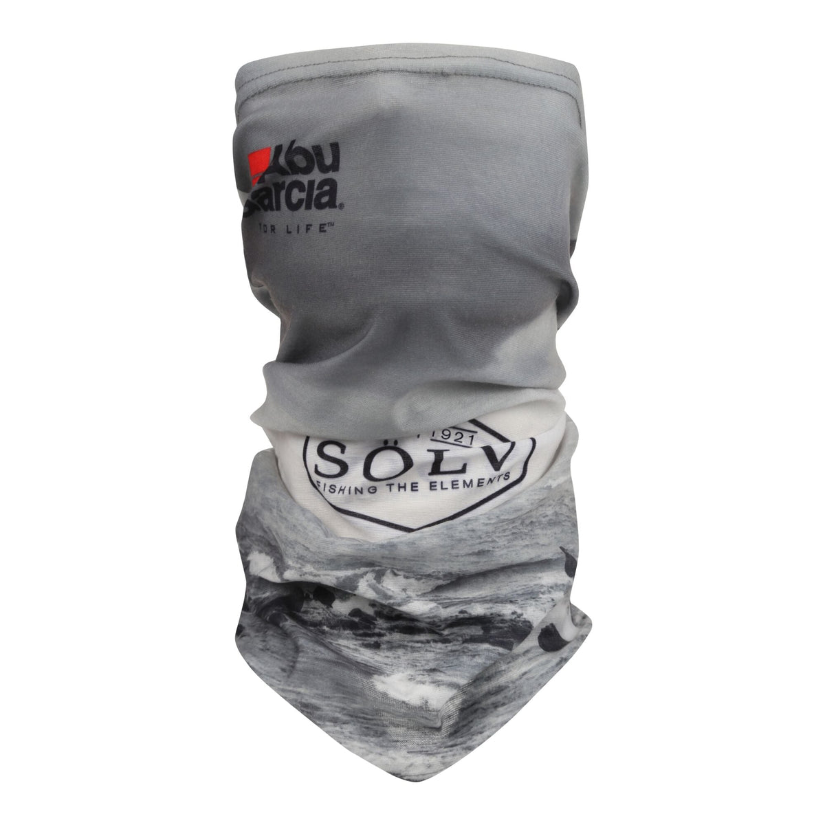 Abu Garcia Sölv Neckwarmer mit grauem Muster und Logos.