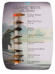 Shakespeare Sigma Fly Classic Wets. Das Lieferantenblatt nennt Dunkeld J/C in Größe 10; das Verpackungsfoto zeigt Größe 12. Produktabbildung.