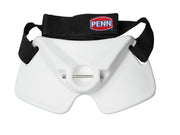 PENN Gimbal Belt mit weißer Gimbal-Platte, Metallbolzen und breitem schwarzem Gurt mit PENN-Logo.