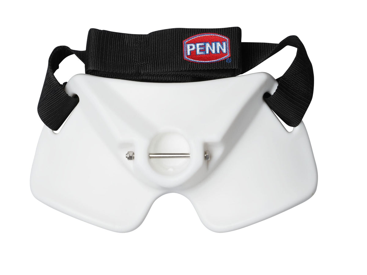 PENN Gimbal Belt mit weißer Gimbal-Platte, Metallbolzen und breitem schwarzem Gurt mit PENN-Logo.